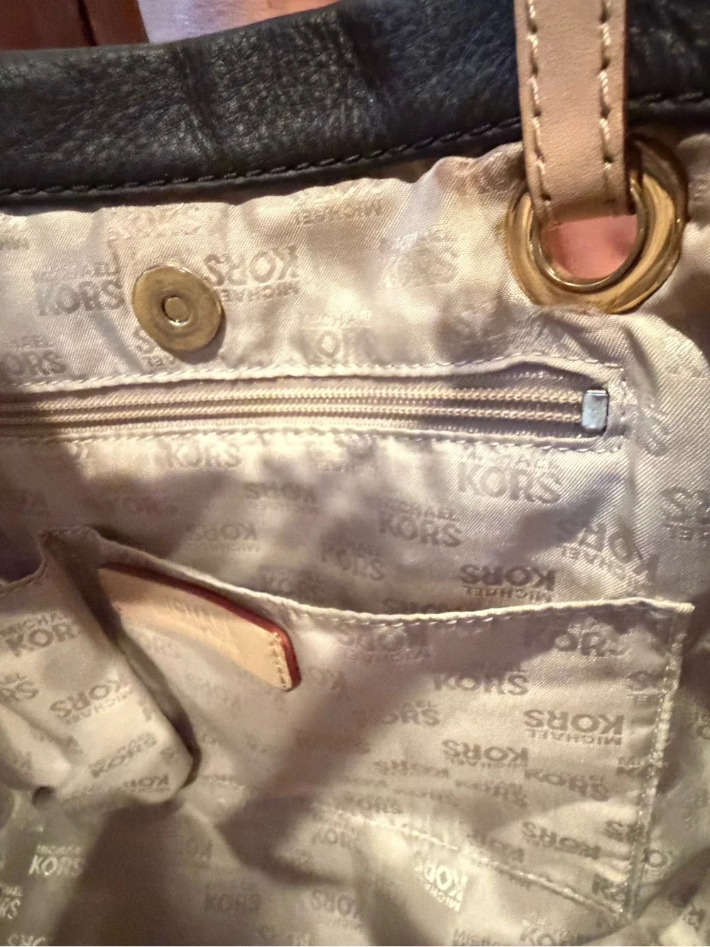 Michael Kors Leather Tote Bag | Black Pebbled Leather with Beige Straps